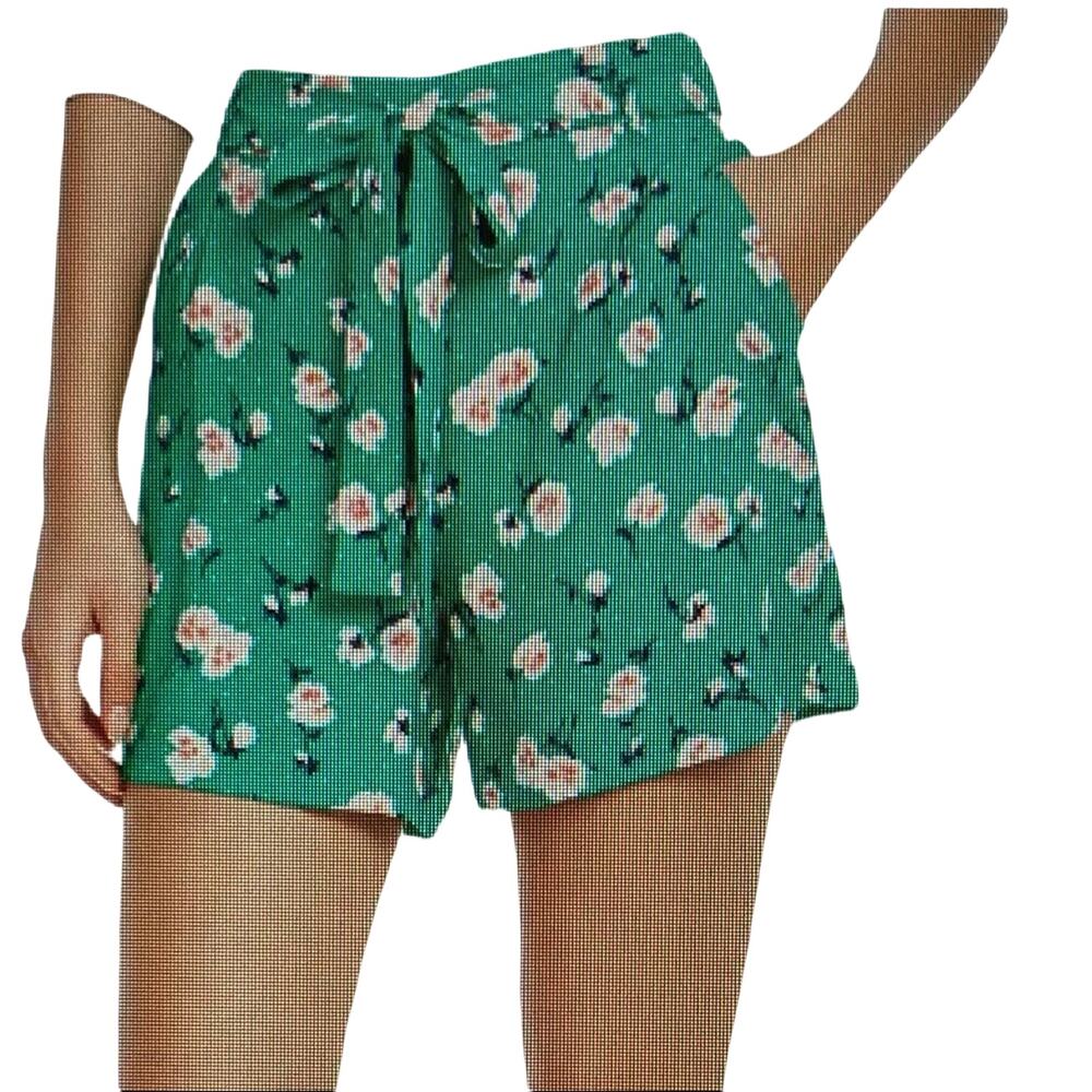 Maison Jules Floral Paperbag Shorts XXL Green Pink Self Tie Waist NWT